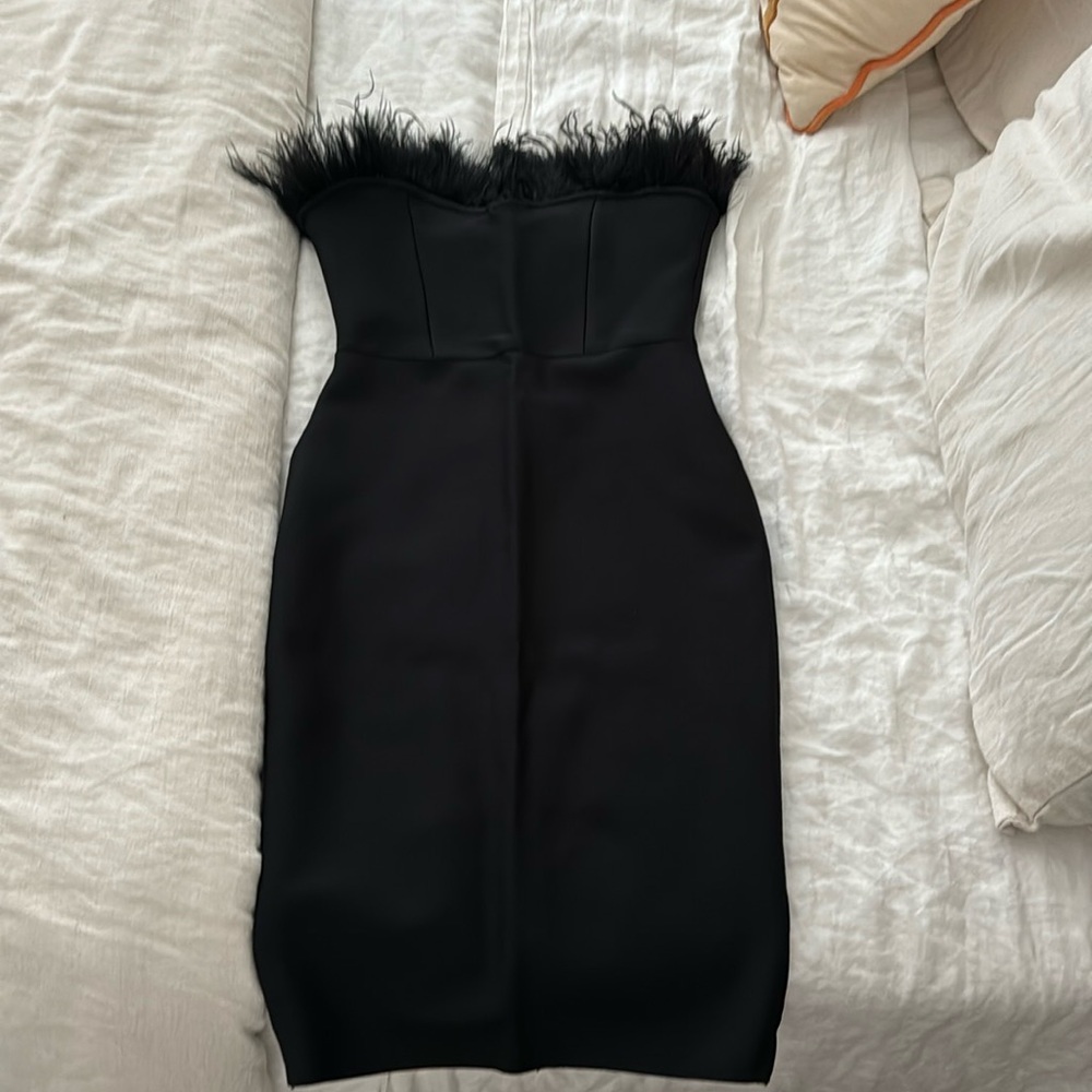 Black Strapless Dress with Feather Trim
